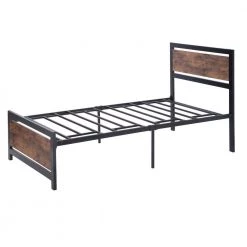 Black Twin Size Metal Platform Bed with Wooden Headboard and Footboard, Kid Platform Bed Frame with Steel Slats by ANBAZAR -ANBAZAR Sales black anbazar kids beds 00604anna 4f 1000