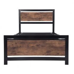 Black Twin Size Metal Platform Bed with Wooden Headboard and Footboard, Kid Platform Bed Frame with Steel Slats by ANBAZAR