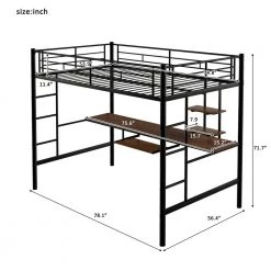 Black Full Size Metal Loft Bed with Desk and Shelf, Space-saving Kids Loft Bed With Metal Frame by ANBAZAR -ANBAZAR Sales black anbazar loft beds 01106anna b 1f 1000