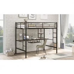 Black Full Size Metal Loft Bed with Desk and Shelf, Space-saving Kids Loft Bed With Metal Frame by ANBAZAR -ANBAZAR Sales black anbazar loft beds 01106anna b 31 1000
