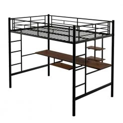 Black Full Size Metal Loft Bed with Desk and Shelf, Space-saving Kids Loft Bed With Metal Frame by ANBAZAR