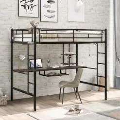 Black Full Size Metal Loft Bed with Desk and Shelf, Space-saving Kids Loft Bed With Metal Frame by ANBAZAR -ANBAZAR Sales black anbazar loft beds 01106anna b c3 1000