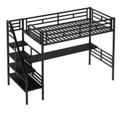 Black Metal Twin Size Loft Bed with Desk and Storage Shelves, Stairway Twin Kids Loft Bed With Metal Frame by ANBAZAR -ANBAZAR Sales black anbazar loft beds 01107anna b 44 1000