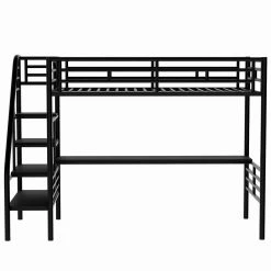 Black Metal Twin Size Loft Bed with Desk and Storage Shelves, Stairway Twin Kids Loft Bed With Metal Frame by ANBAZAR -ANBAZAR Sales black anbazar loft beds 01107anna b 4f 1000