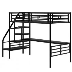 Black Metal Twin Size Loft Bed with Desk and Storage Shelves, Stairway Twin Kids Loft Bed With Metal Frame by ANBAZAR