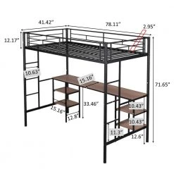 Black Metal Space-Saving Twin Size Loft Bed with Desk and Storage Shelves, Twin Loft Bed with 2 Ladders and Safety Rails by ANBAZAR -ANBAZAR Sales black anbazar loft beds 01601anna b 1f 1000