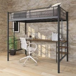 Black Metal Space-Saving Twin Size Loft Bed with Desk and Storage Shelves, Twin Loft Bed with 2 Ladders and Safety Rails by ANBAZAR -ANBAZAR Sales black anbazar loft beds 01601anna b 31 1000