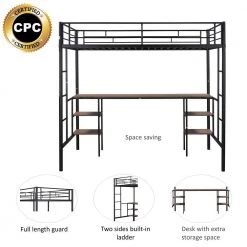 Black Metal Space-Saving Twin Size Loft Bed with Desk and Storage Shelves, Twin Loft Bed with 2 Ladders and Safety Rails by ANBAZAR -ANBAZAR Sales black anbazar loft beds 01601anna b 44 1000