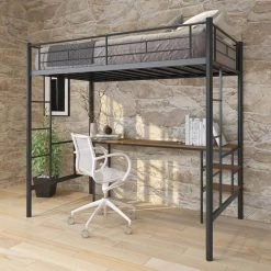 Black Metal Space-Saving Twin Size Loft Bed with Desk and Storage Shelves, Twin Loft Bed with 2 Ladders and Safety Rails by ANBAZAR