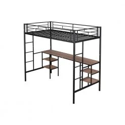 Black Metal Space-Saving Twin Size Loft Bed with Desk and Storage Shelves, Twin Loft Bed with 2 Ladders and Safety Rails by ANBAZAR -ANBAZAR Sales black anbazar loft beds 01601anna b 76 1000