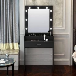 61.00"H x 27.56"W x 16.93"D Home source 9-bulb mirror dressing table set with and fool efficiency unit, 1 drawer by ANBAZAR -ANBAZAR Sales black anbazar makeup vanities wkx89 31 1000