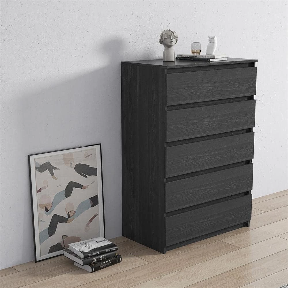 5-Drawer Dresser, NightStands in Black Woodgrain Modern Design, Tall Chest of Drawers, 30.31" x 43.9" x 16.54" Black by ANBAZAR 2 5-Drawer Dresser, NightStands in Black Woodgrain Modern Design, Tall Chest of Drawers, 30.31" x 43.9" x 16.54" Black by ANBAZAR - Image 2
