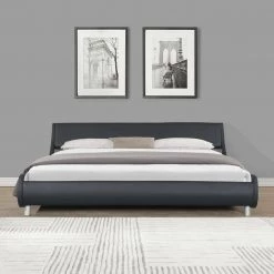 Black Faux Leather Upholstered Bed Frame, King size Low Platform Bed with Curve Design by ANBAZAR -ANBAZAR Sales black anbazar platform beds yh 0016b 44 1000