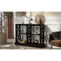 X- Shaped Console Table, Accent Sofa Table with 3-Tier Open Shelf, Narrow Entry Table for Living Room, Entryway, Black by ANBAZAR -ANBAZAR Sales black anbazar sideboards buffet tables kz 116 b 31 1000