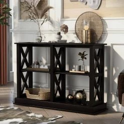 X- Shaped Console Table, Accent Sofa Table with 3-Tier Open Shelf, Narrow Entry Table for Living Room, Entryway, Black by ANBAZAR