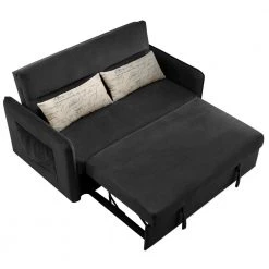 57 in. L x 34 in. W Black Modern Upholstered Sofa Bed with Pull-Out Bed 2 Pillows Adjustable Backrest 2 Big Side Pocket by ANBAZAR