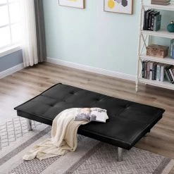 64.5 in.PU Leather Upholstered Modern Convertible Folding Futon Sofa Bed Futon Couch for Compact Living Space by ANBAZAR -ANBAZAR Sales black anbazar sofa beds wkx103 bk 40 1000