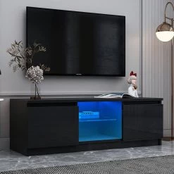 55 " TV Stand with 2 Center Drawers and Open Shelves, TV Stand Center Modern High-Gloss LED TV Cabinet， Black by ANBAZAR -ANBAZAR Sales black anbazar tv stands ff84 b 40 1000