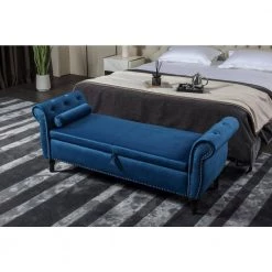 Tufted Upholstered Sofa Bench/Bed Stool, Roll Arm Storage Stool, For Bedroom, Living Room, Elevator, Entrance, Navy Blue by ANBAZAR -ANBAZAR Sales blue anbazar bedroom benches wjz 020 31 1000