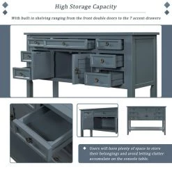 45 in. Blue Wood Rectangle Console Table Sofa Table, Solid Wood Modern Entryway Table with Cabinet, Shelf and 7 Drawers by ANBAZAR -ANBAZAR Sales blue anbazar console tables 02395anna b 44 1000