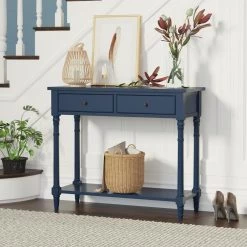 35.43 inch Blue Standard Rectangular Solid Wood Console Table with Drawers by ANBAZAR