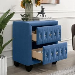 2-Drawer Blue Modern Upholstered Nightstand Wood Side Table End Table Tufted Drawers 25 in. L x 15.9 in. W x 27.9 in. H by ANBAZAR