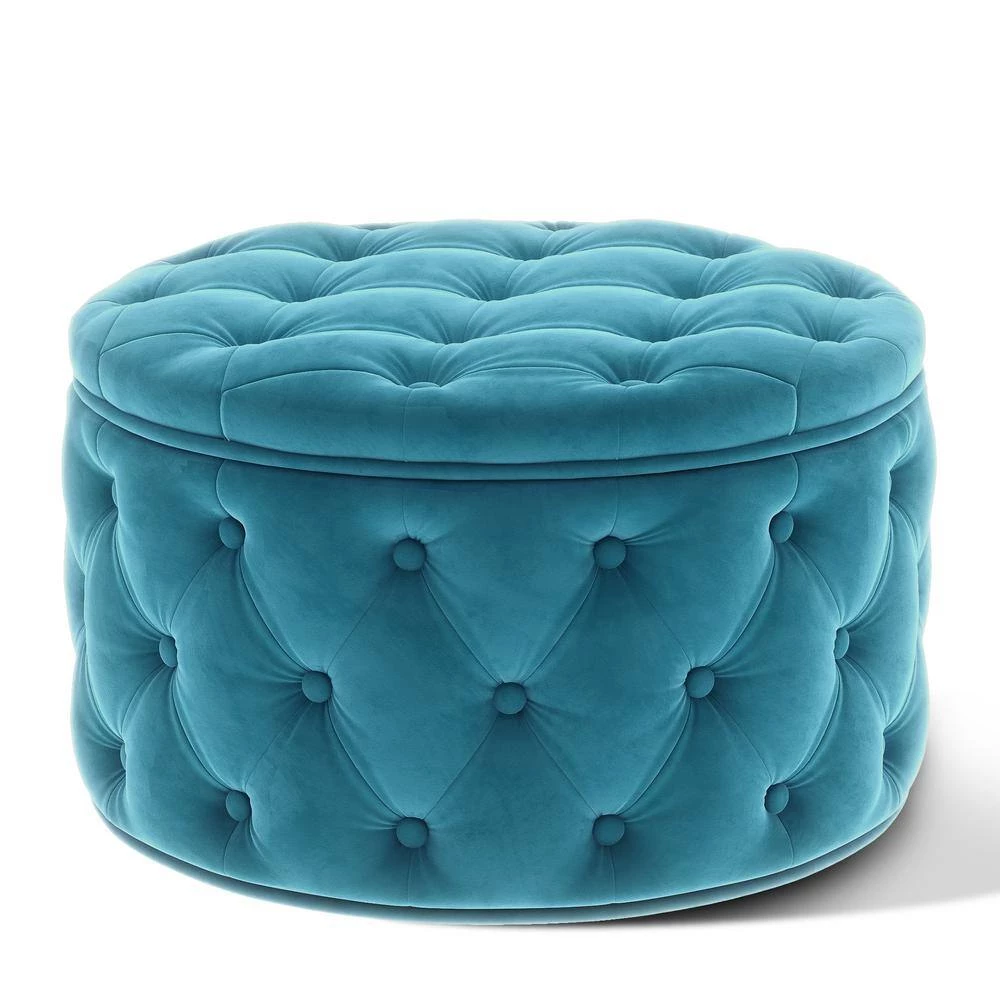 Blue Button Tufted Velvet Round Classic Ottoman With Storage 29.5"Wide Living Room Footrest by ANBAZAR 7 Blue Button Tufted Velvet Round Classic Ottoman With Storage 29.5"Wide Living Room Footrest by ANBAZAR - Image 7