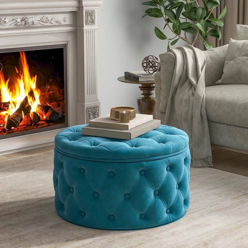 Blue Button Tufted Velvet Round Classic Ottoman With Storage 29.5"Wide Living Room Footrest by ANBAZAR 11 Blue Button Tufted Velvet Round Classic Ottoman With Storage 29.5"Wide Living Room Footrest by ANBAZAR - Image 11