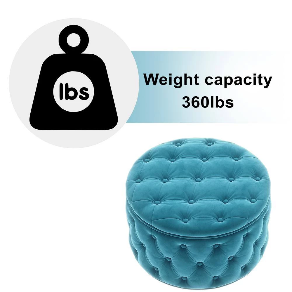 Blue Button Tufted Velvet Round Classic Ottoman With Storage 29.5"Wide Living Room Footrest by ANBAZAR 3 Blue Button Tufted Velvet Round Classic Ottoman With Storage 29.5"Wide Living Room Footrest by ANBAZAR - Image 3