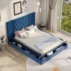 Blue 70 in. W Full Size Wood Velvet Upholstered Tufted Platform Bed Frame with Storage on Both Sides and Footboard by ANBAZAR