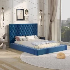 Blue 70 in. W Full Size Wood Velvet Upholstered Tufted Platform Bed Frame with Storage on Both Sides and Footboard by ANBAZAR -ANBAZAR Sales blue anbazar platform beds 01703anna c c3 1000