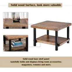 Rustic 22 in.Brown Solid Wood Home Coffee Table with Bottom Shelf, Square Coffee Table with Iron Frame for Living Room by ANBAZAR -ANBAZAR Sales brown anbazar coffee tables 01478anna d 1f 1000