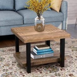 Rustic 22 in.Brown Solid Wood Home Coffee Table with Bottom Shelf, Square Coffee Table with Iron Frame for Living Room by ANBAZAR -ANBAZAR Sales brown anbazar coffee tables 01478anna d c3 1000
