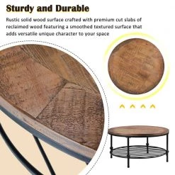 Rustic 35.8 in.Brown Round Wood Coffee Table with Steel Bottom Shelf, Industrial Style Coffee Table with Metal Frame by ANBAZAR -ANBAZAR Sales brown anbazar coffee tables 01480anna d 44 1000