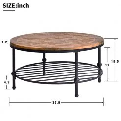 Rustic 35.8 in.Brown Round Wood Coffee Table with Steel Bottom Shelf, Industrial Style Coffee Table with Metal Frame by ANBAZAR -ANBAZAR Sales brown anbazar coffee tables 01480anna d 4f 1000