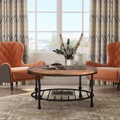 Rustic 35.8 in.Brown Round Wood Coffee Table with Steel Bottom Shelf, Industrial Style Coffee Table with Metal Frame by ANBAZAR