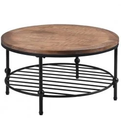 Rustic 35.8 in.Brown Round Wood Coffee Table with Steel Bottom Shelf, Industrial Style Coffee Table with Metal Frame by ANBAZAR -ANBAZAR Sales brown anbazar coffee tables 01480anna d c3 1000