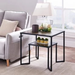 Dual Tier Coffee & Tea Small Square End Table, Side Table with 2-Tier Storage Shelf for Living Room and Office, Brown by ANBAZAR -ANBAZAR Sales brown anbazar coffee tables d 001272 b c3 1000