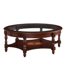 46 in. walnut oval tempered glass top coffee table, cocktail table with storage shelf for living room, office by ANBAZAR