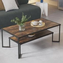 48 inches. Rustic brown rectangular wood metal frame coffee table with double storage shelves by ANBAZAR -ANBAZAR Sales brown anbazar coffee tables gj 111 31 1000
