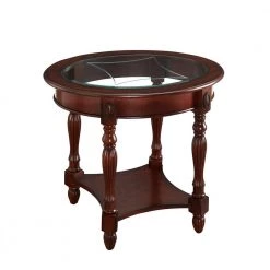 28" Walnut round tempered glass top coffee table, cocktail table with storage shelf by ANBAZAR
