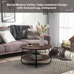 31.5 in.Brown Medium Round Wood Coffee Table with Shelf by ANBAZAR -ANBAZAR Sales brown anbazar console tables ff33 fa 1000