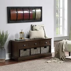 Brown Rustic Entryway Storage 3-Drawers and 3-Woven Baskets, Wood Shoe Bench 19.5 in. H x 41.9 in. W x 15.2 in. D by ANBAZAR