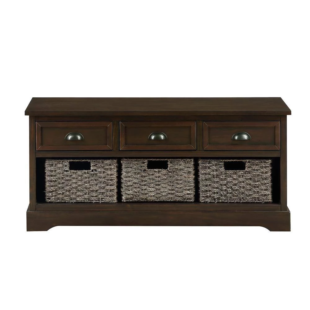 Brown Rustic Entryway Storage 3-Drawers and 3-Woven Baskets, Wood Shoe Bench 19.5 in. H x 41.9 in. W x 15.2 in. D by ANBAZAR 3 Brown Rustic Entryway Storage 3-Drawers and 3-Woven Baskets, Wood Shoe Bench 19.5 in. H x 41.9 in. W x 15.2 in. D by ANBAZAR - Image 3
