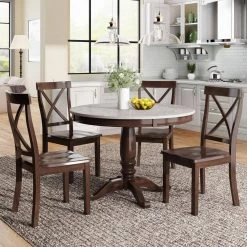 5 Piece Round Kitchen Table Set for 4, Wooden Dining Table Set Include Marble Veneer Top Table with 4 Chair ( Brown ) by ANBAZAR -ANBAZAR Sales brown anbazar dining room sets wkx04 bw 31 1000