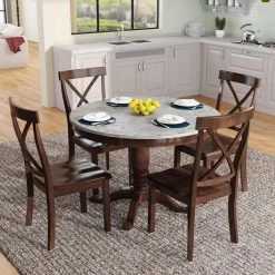 5 Piece Round Kitchen Table Set for 4, Wooden Dining Table Set Include Marble Veneer Top Table with 4 Chair ( Brown ) by ANBAZAR -ANBAZAR Sales brown anbazar dining room sets wkx04 bw c3 1000