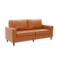 Modern Sofa Couch, 75.2 in. Square Armrests Faux Leather Upholstered Straight Solid Wood Frame 3 Seat Sofa in Brown by ANBAZAR