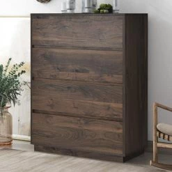 Mid-Century Modern Dark Brown Wood 4 Drawers Chest of Drawers, Classic Storage Dresser Beside Table for Home, Office by ANBAZAR