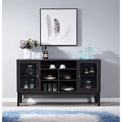 Dark Brown Buffet Cabinet with Glass Doors, Sideboard (59.8 in. W x 15.8 in. D x 33.5 in. H) by ANBAZAR