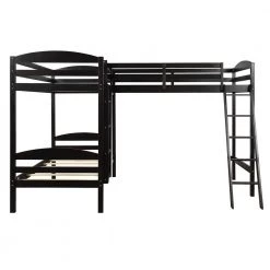 Twin Size Espresso L-Shaped Triple Bunk Beds, Twin Over Twin Wood Bunk Bed Frame with a Loft Bed for 3-Kids by ANBAZAR